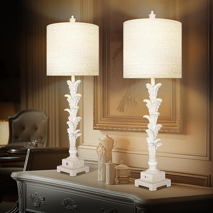 Vintage Table Lamps Set of 2, 3-Way Dimmable Touch Buffet Lamps with 2 USB Ports, 33'' Bedside Nightstand Lamps with Linen Shades, Rustic Farmhouse Table Lamps for Living Room Bedroom, Washed White