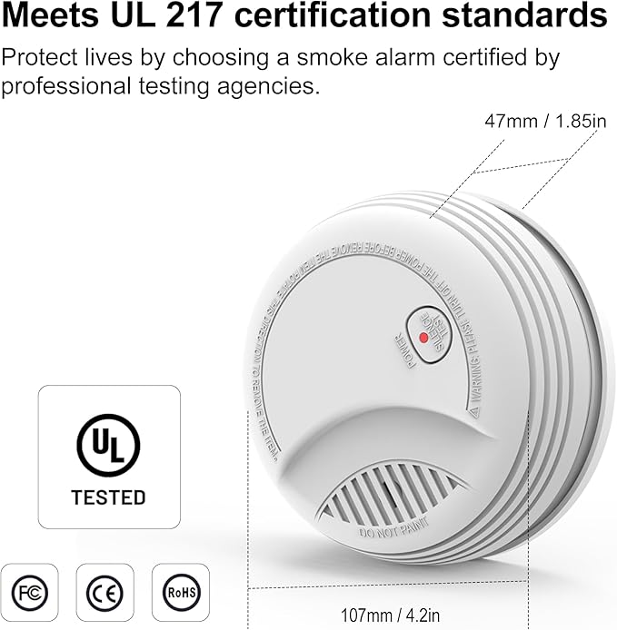 Fire Alarms Smoke Detectors, Photoelectric Sensor Smoke Alarm Battery Operated, Fire Alarm with Test Button & Low Battery Signal, LED Warning Light 85 dB Alarm Sound for Bedroom and Home, 6 Pack