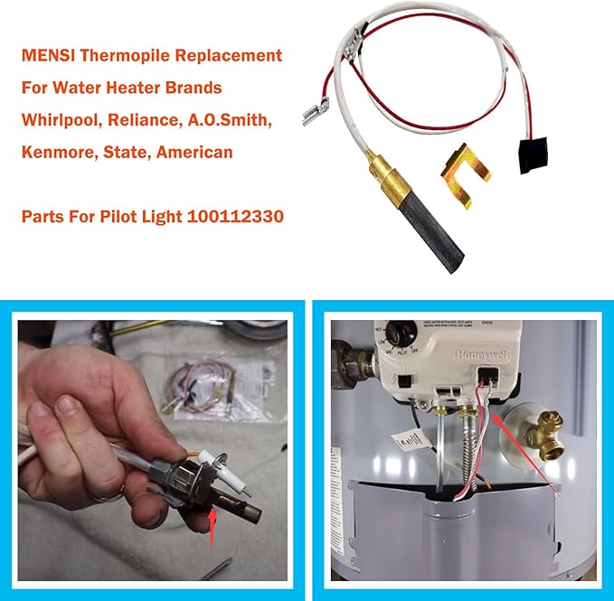 MENSI Minivolt Thermopile Replacement Parts for Reliance Whirlpool,A.O.Smith, Kenmore Gas Water Heater Boilers Replace Model 100112330 9007876 9007877, Repalce 300 301 Series (2 Packs)