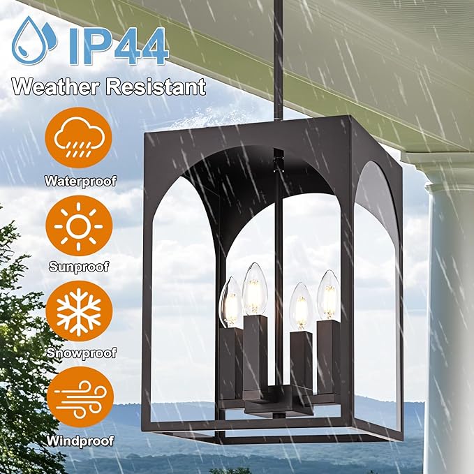 VINLUZ Outdoor 4 Light Pendant Lighting,Classic Outside Chandelier Exterior Hanging Lantern Light with Clear Glass Shade Oil Rubbed Bronze Finish for Porch, Yard, Gazebo