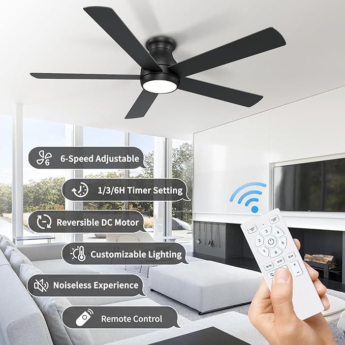 60 Inch Black Ceiling Fans with Lights and Remote, LED Low Profile Flush Mount Ceiling Fan for Bedroom, Living Room, Quiet DC Motor, Dimmable 6 Speeds