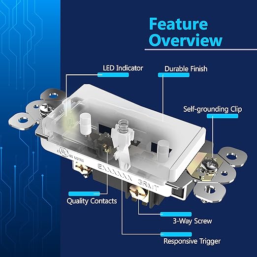 LIDER Minimalist Design Matte Finish Lighted Decorator Switch, Frameless Paddle Light Switch with Locator Light, Grounding Screw, 3-Way or Single Pole, 15A 120V, UL Listed, LS15-3W-W, White