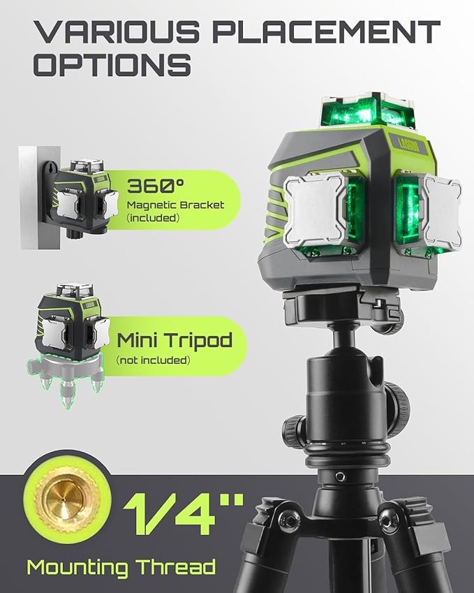 LasGoo Laser Level 3x360° Self Leveling, 3D Green Cross Line Laser for Construction and Picture Hanging, Rechargeable Battery, Remote Control, Magnetic Rotating Stand Included - LG-3Dx