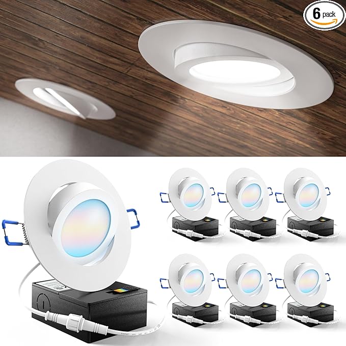 Sunco 6 Pack 4 Inch Adjustable Recessed Lighting 4 Inch LED, Angled Directional Eyeball Canless Gimbal, 750 LM, Selectable CCT 2700K/3000K/4000K/5000K/6000K, Dimmable, 8W, with Junction Box ETL