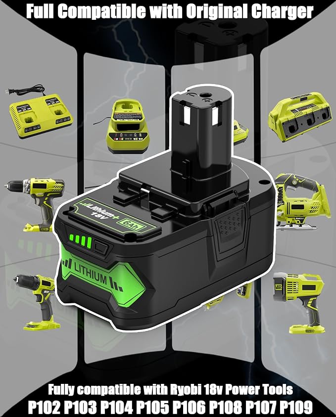 6.0Ah 2Packs for ryobi 18v ONE+ Battery, with ryobi 18v System Cordless Power Tools and Charger, P102 P108 P103 P104 P105 P107 P109 P122
