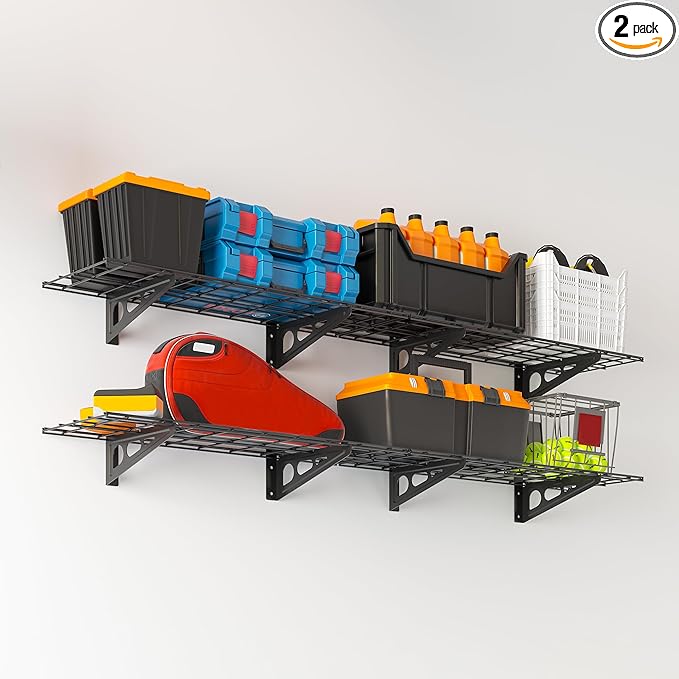 1x6 ft Garage Shelving, 2-Pack Wall-Mounted Shelves for Garage, Kitchen, Pantry Storage, 600 lbs Total Load Capacity Shelving, Black