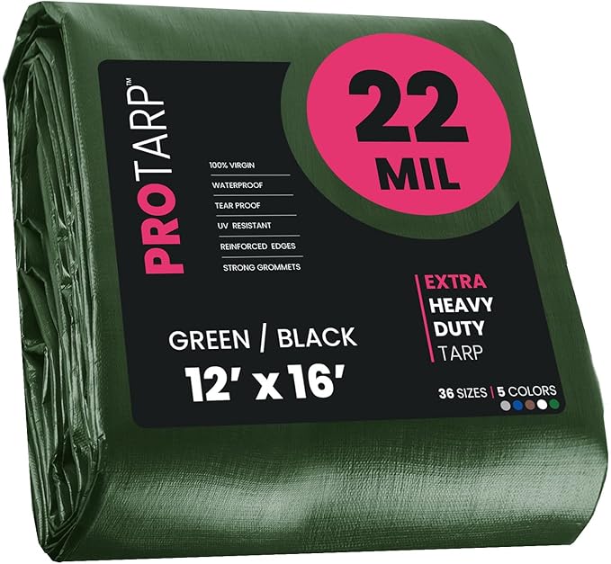 PROTARP Extreme Heavy Duty 22 Mil Tarp Cover, Waterproof, UV Resistant, Rip and Tear Proof, Poly Tarpaulin with Reinforced Edges for Roof, Camping, Patio, Pool, Boat. (Green/Black 12′ X 16′)