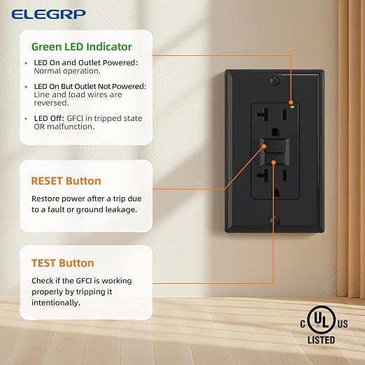 ELEGRP GFCI Outlet 20 Amp, Self-Test GFI Electrical Outlet with Narrow Design, GFCI Receptacle with LED Indicator, UL Listed, Black, Wall Plate Included, 5 Pack