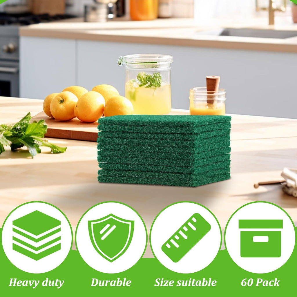 60 PCS Scouring Pads Heavy Duty, Reusable Multipurpose Scour Pads, 5.9 x 3.95 inch Household Scrub Pad for Cleaning, Green Dish Scrubber Scrubbing Pad for Dishes Sink Kitchen Metal Grills