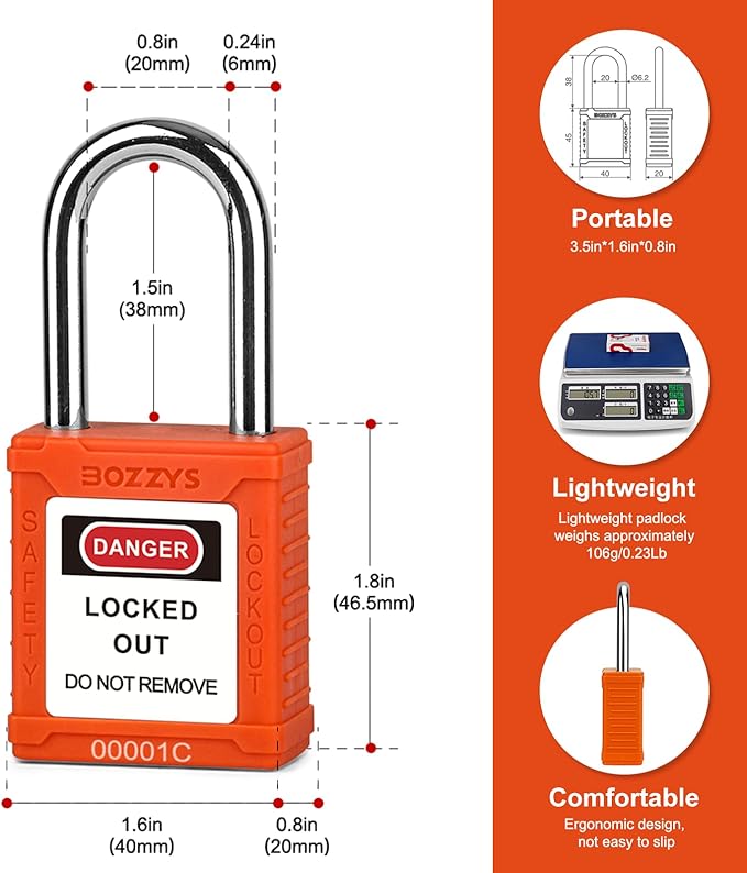 Lockout Tagout Locks 6-Pack｜OSHA Orange Loto Locks Keyed Different｜2 Keys/Lock for Industrial Machinery & Electrical Panels｜Chrome Steel & Laser Coding