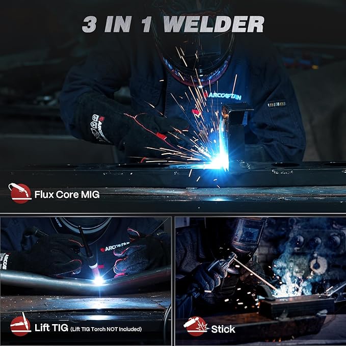 ARCCAPTAIN 135A MIG Welder, 2025 Newest [Large LED Display] 110V Welder Flux Core MIG, Lift TIG, Stick, 3 in 1 Welding Machine Gasless MIG Welder Machine 110V, IGBT Inverter Welder with Synergy, 2T/4T