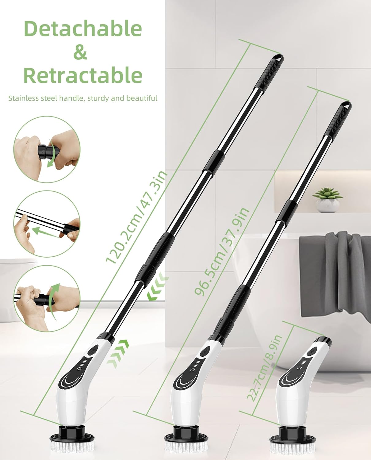 Electric Spin Scrubber with 8 Brush Heads, Extension Handle and 2 Speeds for Beginner, Teens.White-o1.