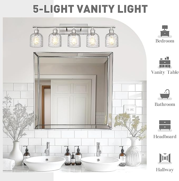 zeyu Modern Brushed Nickel Bathroom Lights Fixture, 35 Inch 5 Light Vanity Lighting Over Mirror, Brushed Nickel Finish with Clear Hammered Glass, ZJF63B-5W BN