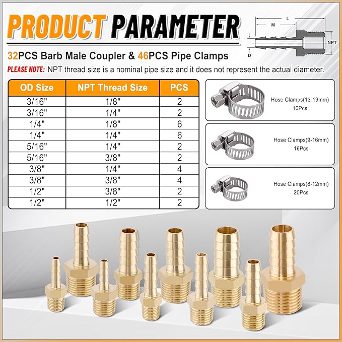 KOOTANS 32PCS Brass Hose Barb Fittings Barb to NPT Male Thread Adapter Kit 3/16" 1/4" 5/16" 3/8" 1/2" Barbed Air Hose Fittings with 46pcs Pipe Clamps for Water Fuel Air Line Connector Fitting