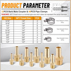 KOOTANS 32PCS Brass Hose Barb Fittings Barb to NPT Male Thread Adapter Kit 3/16" 1/4" 5/16" 3/8" 1/2" Barbed Air Hose Fittings with 46pcs Pipe Clamps for Water Fuel Air Line Connector Fitting