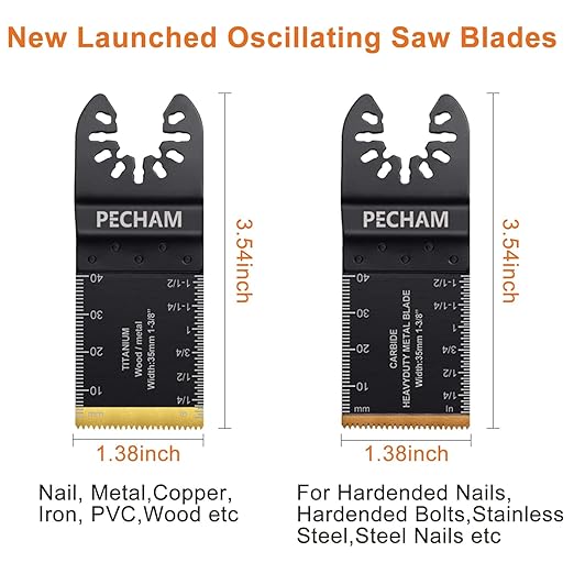 PECHAM 23PCS Titanium & Carbide Multitool Blades Oscillating Tool Saw Blades Heavy Duty for Hard Material, Metal/Steel Nails/Bolts/Screws Fit Most Oscillating Tools