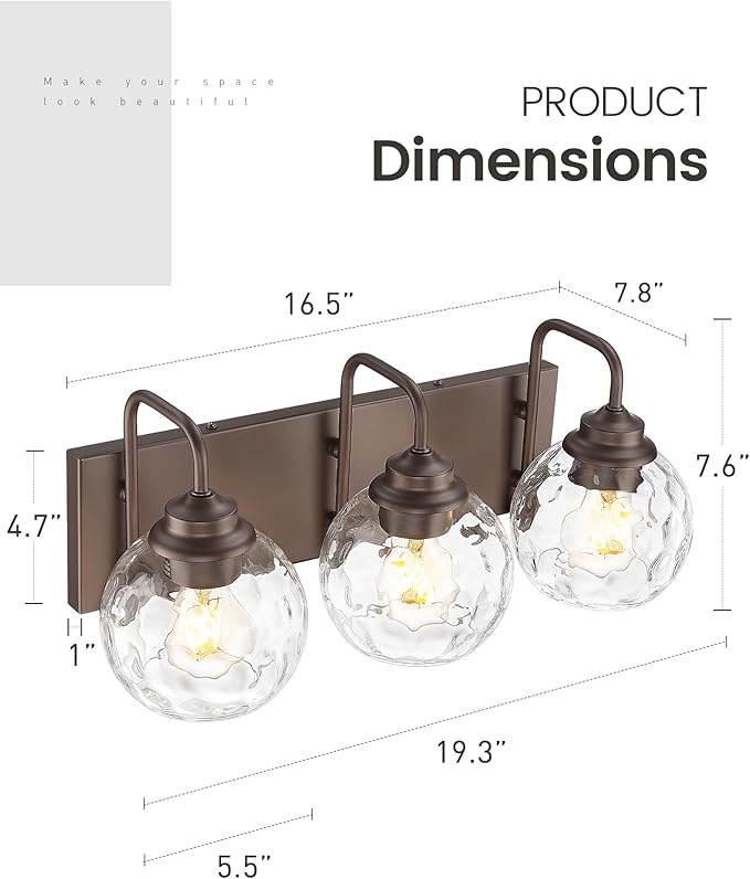 zeyu Bathroom Light Fixtures, 3-Light Bathroom Vanity Light, 20 Inch Modern Wall Sconces with Water Ripple Globe Shade, Oil Rubbed Bronze Finish, ZSL72BG-3W ORB-WG