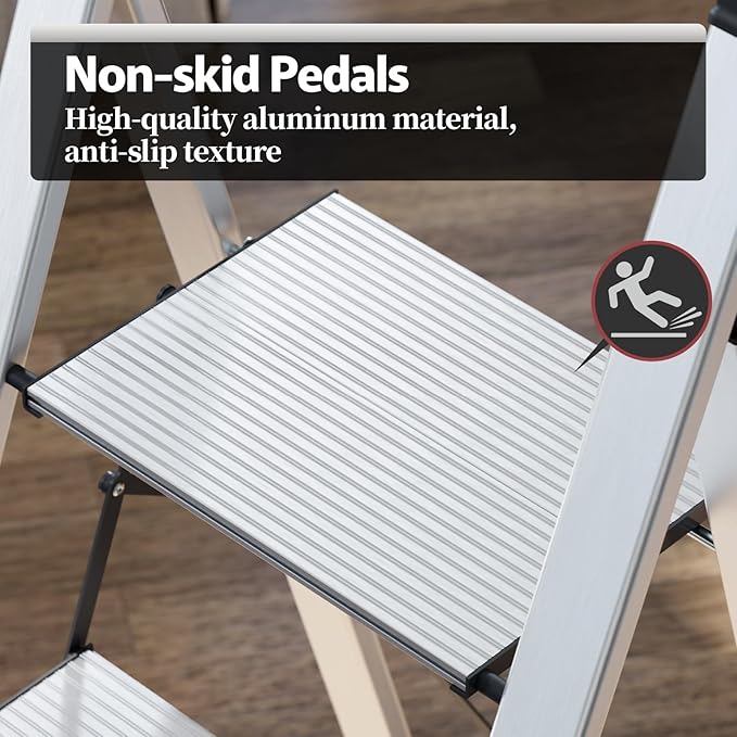 KINGRACK Aluminium 5 Step Ladder, Lightweight Step Stool with Non-Skid Pedals, Handrail, Foldable Step Ladder for Kitchen, Garage, Home, Space Saving, Sturdy and Portable, Silver