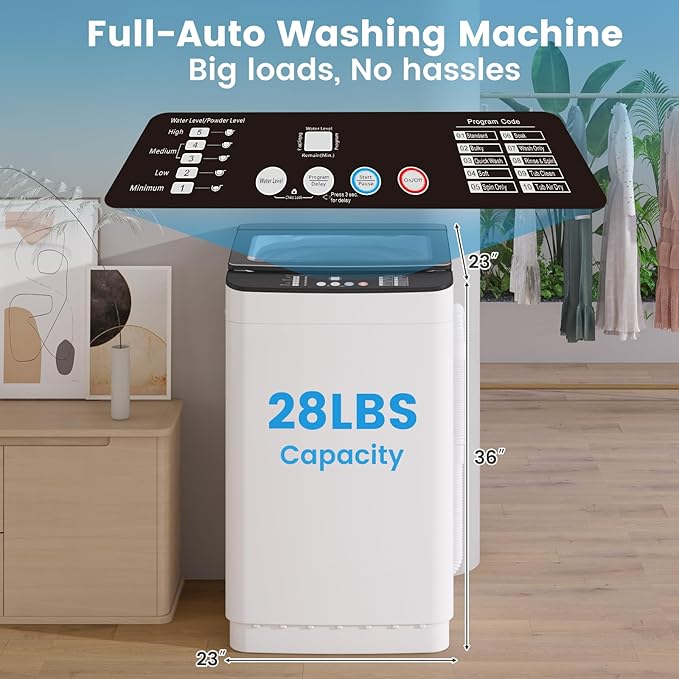 VCJ Portable Washing Machine, 28 Lbs Full-Automatic Portable Washer with 10 Wash Cycles, 24 H Delays, LED Display, Electric Laundry Machine for Apartment, RVs, Dorms