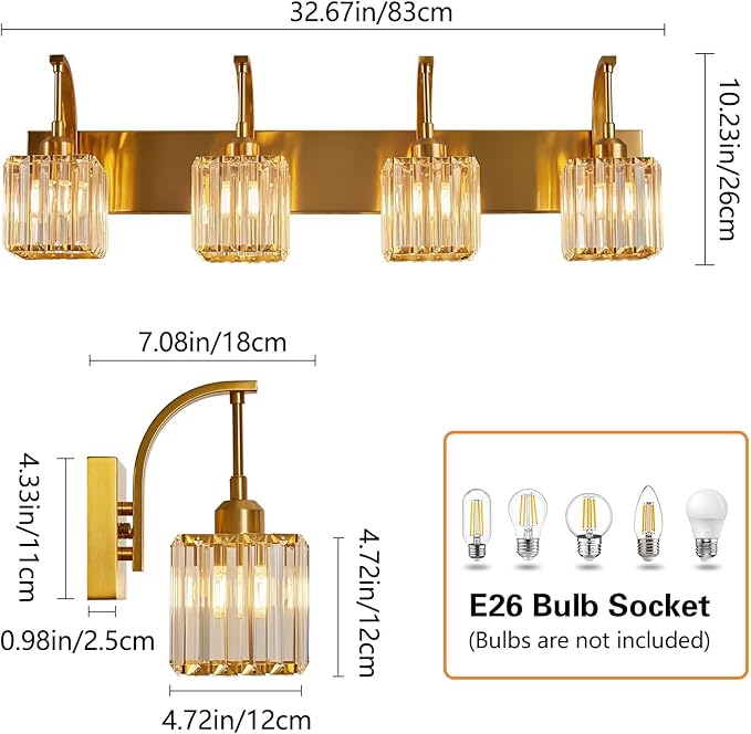 Crystal Vanity Lights 4-Light Gold Bathroom Vanity Lights Modern Crystal Bathroom Light Fixtures Over Mirror 32.67" Long Vanity Light for Bathroom