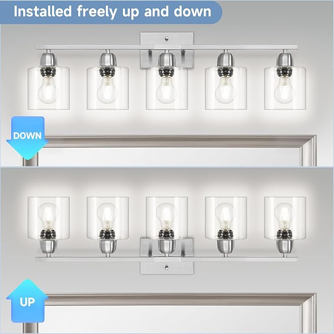 Modern Brushed Nickel 5 Light Bathroom Vanity Light, 31 inch Bathroom Light Fixtures with Clear Glass for Mirror Kitchen Living Room Hallway Cabinet Porch