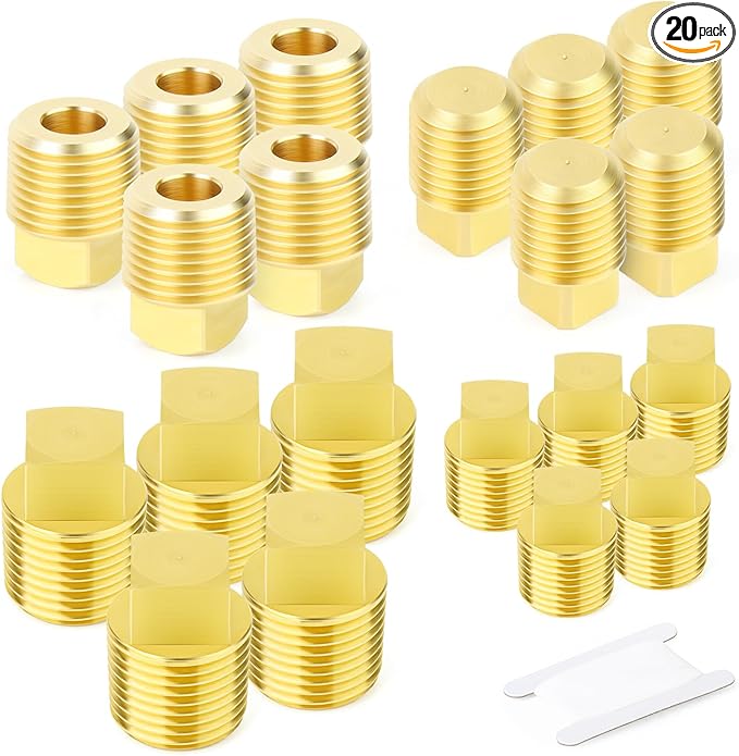 GASHER 20PCS Brass Plug Pipe Fitting Kit,1/4",3/8",1/8",1/2" NPT Male Square Head Plug