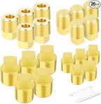 GASHER 20PCS Brass Plug Pipe Fitting Kit,1/4",3/8",1/8",1/2" NPT Male Square Head Plug