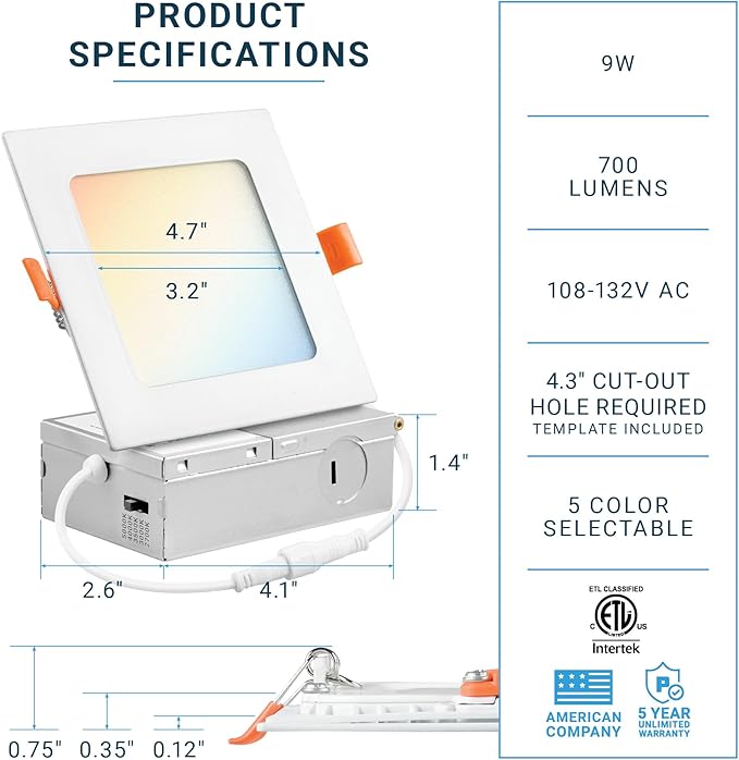 PARMIDA (12 Pack) 4 Inch Square 5CCT Ultra Thin LED Recessed Lighting with Junction Box, 2700K/3000K/3500K/4000K/5000K 5 Color Selectable, 9W, Dimmable, Canless Wafer Slim Panel Lights, IC Rated, ETL