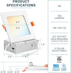 PARMIDA (12 Pack) 4 Inch Square 5CCT Ultra Thin LED Recessed Lighting with Junction Box, 2700K/3000K/3500K/4000K/5000K 5 Color Selectable, 9W, Dimmable, Canless Wafer Slim Panel Lights, IC Rated, ETL