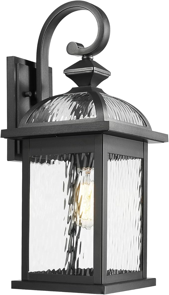 Darkaway Outdoor Lights Fixture Wall Mount, Large 22inch Exterior Wall Light with Water Ripple Glass Waterproof Black Outside Wall Sconce for House Porch Hallway Garage