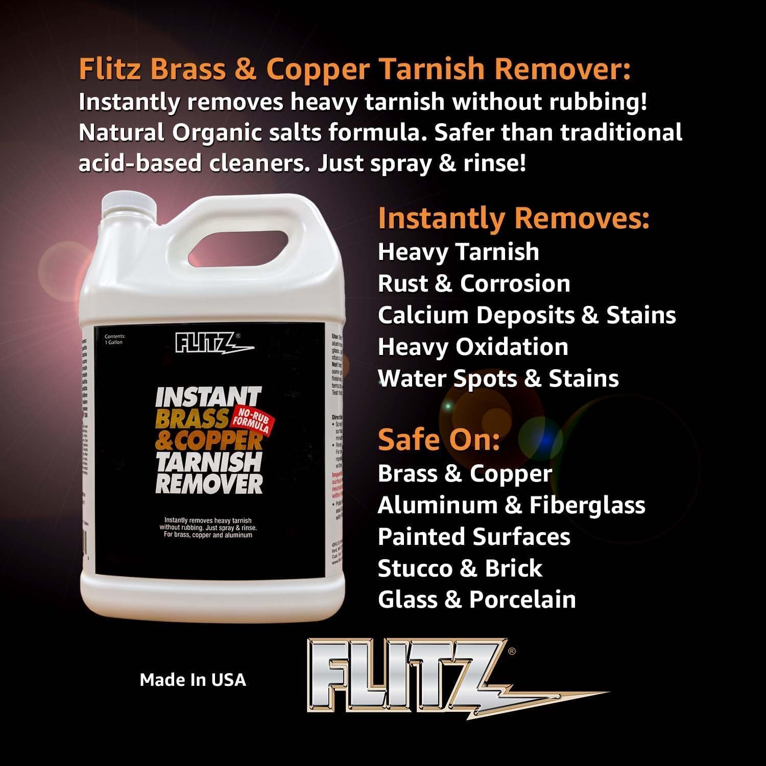 Flitz Instant Brass and Copper Tarnish Remover - 1 Gallon Bottle of USA-Made Organic Rust Remover Spray (No-Rub) - Removes Stains & Oxidation from Glass & Aluminum - Brass Cleaners That Work (1 Pack)