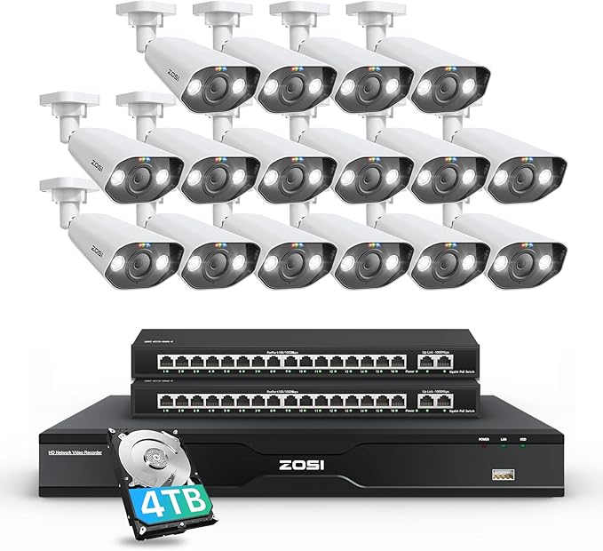 ZOSI 32 Channel 4K PoE Security Camera System, Face Person Vehicle Detection, 2 Way Audio, 16 x 4K Spotlight Outdoor Indoor Cameras, 32CH 8MP Surveillance NVR with 4TB HDD for Business 24/7 Recording