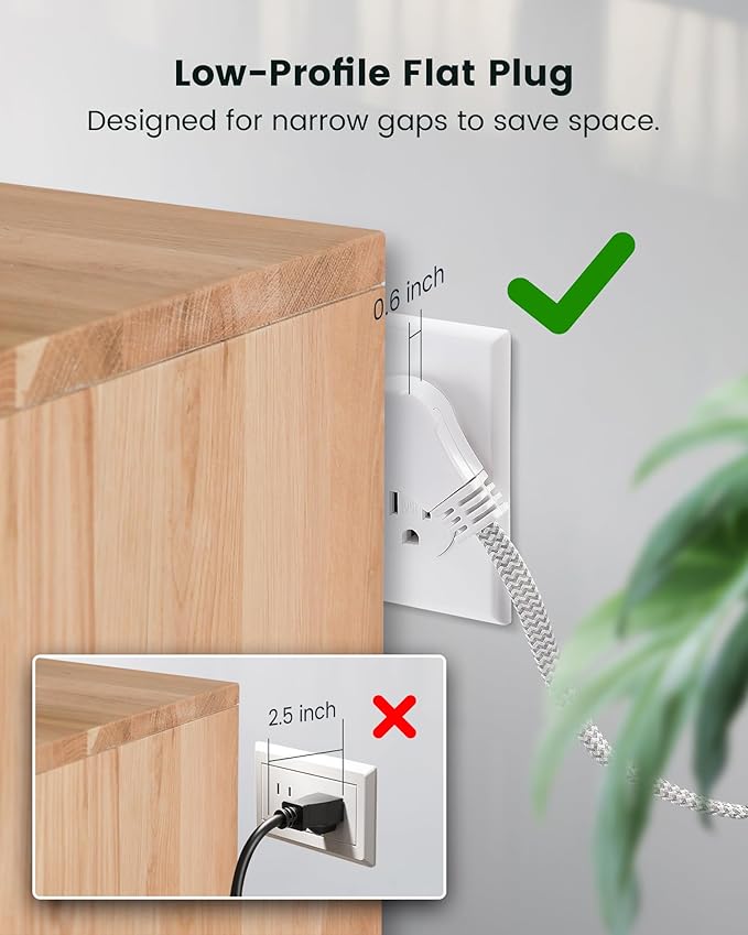 SURAIELEC Flat Extension Cord 3FT, 360° Rotating Flat Plug Extension Cord with 3 Outlets, Braided White Cord for Indoor Use, Small Space, Compact Areas, 16/3C SPT, ETL Listed, 2 Pack