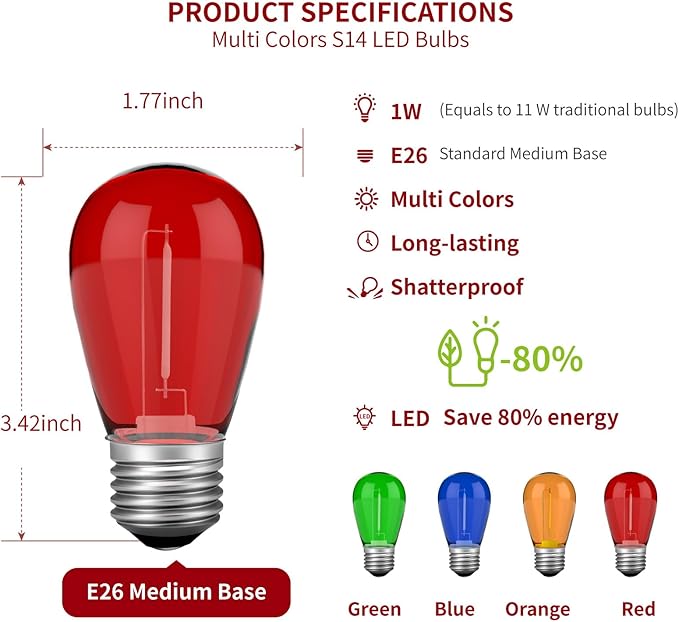 S14 Colored LED String Light Bulbs, 1 Watt Plastic Shatterproof LED Replacement Bulbs for Indoor Outdoor Patio String Light, E26 Medium Base, Multi-Color: Red/Green/Blue/Orange