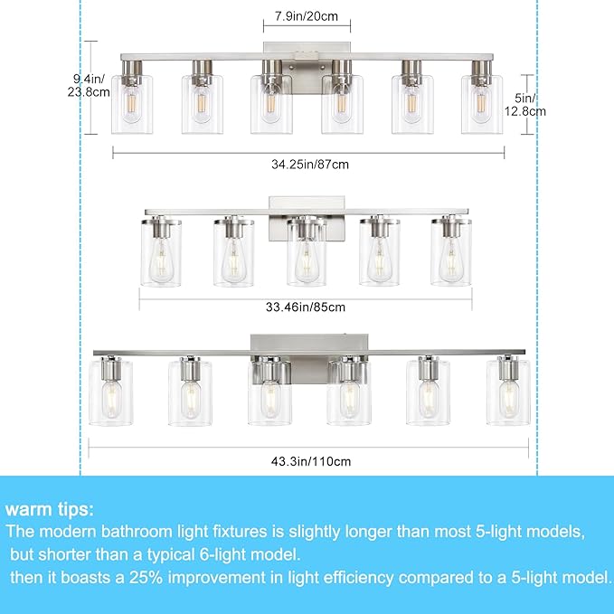 6 Light Bathroom Light Fixtures, Bathroom Vanity Light with Clear Glass, Brushed Nickel Bathroom Lighting Fixtures over Mirror, Large Vanity Lights for Bathroom, Vanity Lights for Mirror, Wall Sconce