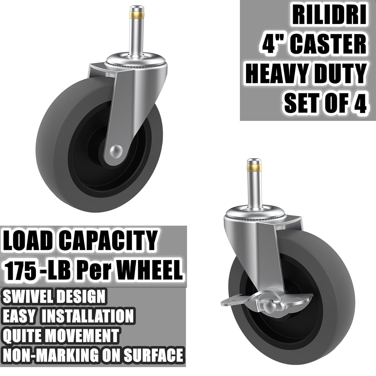 4-Inch Swivel Stem Caster for Rubbermaid Mop Bucket Utility Cart, 7/16-Inch Stem Diameter Rubber Wheel Set of 4, Heavy Duty TPR Weber Grills Shop Vac Replacement Wheels