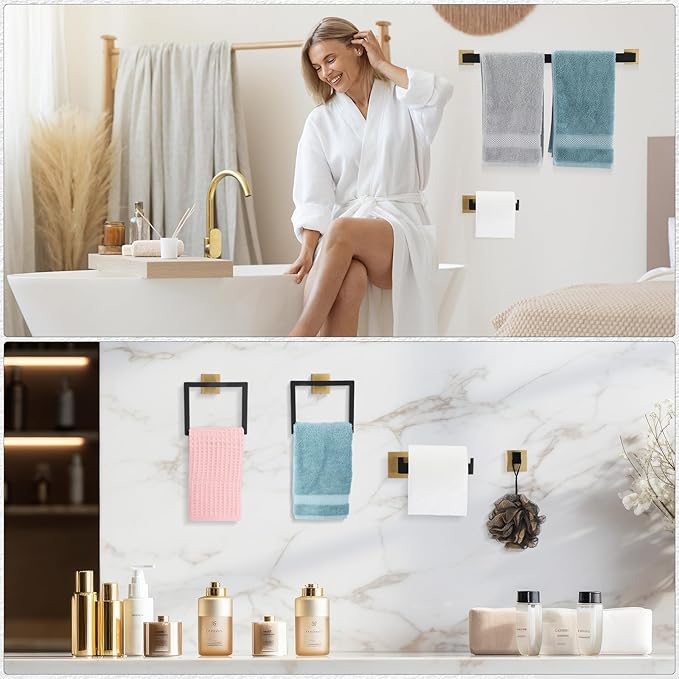 Gisafai 10 Pcs Bathroom Hardware Accessories Set 23.6 Inch Bath Towel Bar Kit Stainless Steel Bathroom Hardware Set Towel Racks Ring Hooks Paper Holder for Wall Mounted (Black Gold)