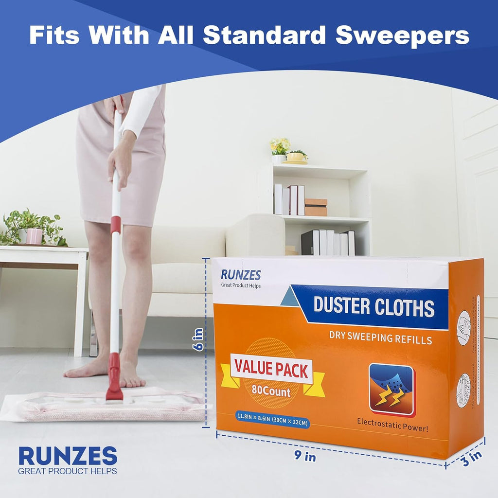 Runzes Dry Sweeping Refills 80Count Mop Pads Duster Cloths White Disposable Cleaning Cloths to Clean Dust,Hair,Dirt