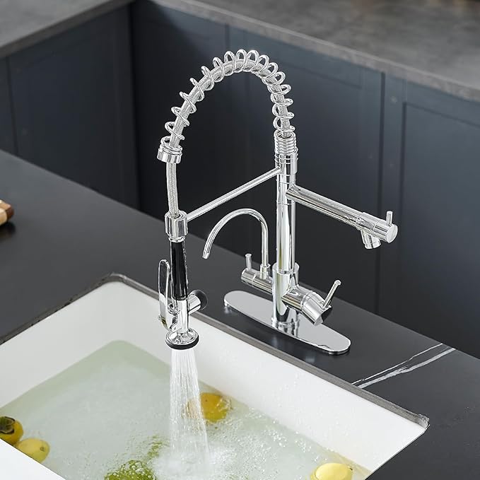 Fapully 3 in 1 Kitchen Faucet with Water Filler and Pull Down Sprayer, Chrome Commercial Kitchen Sink Faucet with Drinking Water Faucet for 1 or 3 Holes Sink