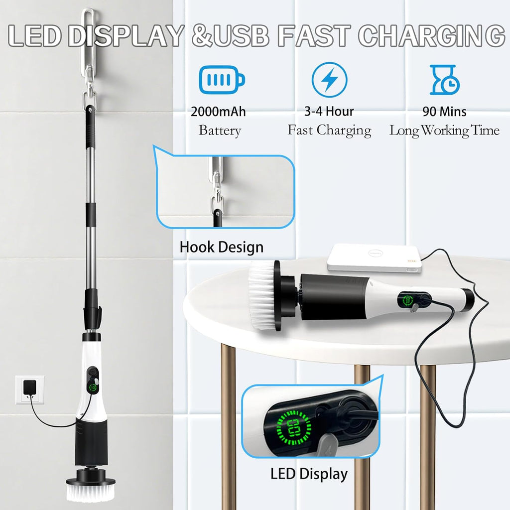 Spin Scrubber,9-In-1Multifunctional Cleaning Brush with Detachable Handle,9 Replaceable Brush Heads&LCD Display,Rechargeable Electric Spin Scrubber for Bedroom,Bathroom,Kitchen,Car