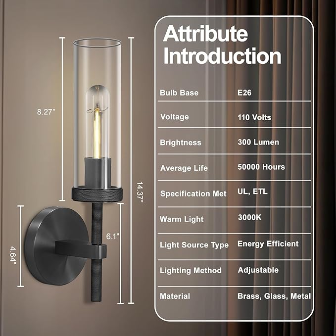 Knurled Wall Sconces Set of Two, Black Wall Sconce Lights, 14" Black Bathroom Wall Sconces, Glass Linear Sconce Wall Lighting, Vanity Lights Bathroom Light Fixture Wall Lights for Living Room