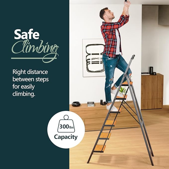 WOA WOA Step Ladder 6 Step Folding, Foldable Tall Ladder with Handrail, Aluminum Stepladder for High Ceilings, Lightweight, Deep Pedals, Anti-Slip Feet, Capacity 300 lbs - Black & Wood Grain