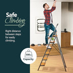 WOA WOA Step Ladder 6 Step Folding, Foldable Tall Ladder with Handrail, Aluminum Stepladder for High Ceilings, Lightweight, Deep Pedals, Anti-Slip Feet, Capacity 300 lbs - Black & Wood Grain