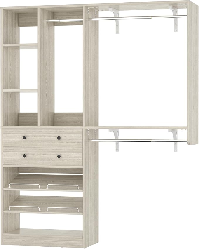 Closet System - 5FT Small Closet System with Drawers, 60" Closet Organizer System with Reversible Hanging Shelving, Closet Systems for Small/Walk-in Closets, Greige Oak