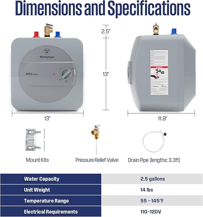 Westinghouse Electric Mini Tank Water Heater - 2.5 Gallon Point of Use Instant Hot Water 120V 1440W - Small Hot Water, Under Sink - Wall or Floor Mounted, Easy to Install, UL Listed