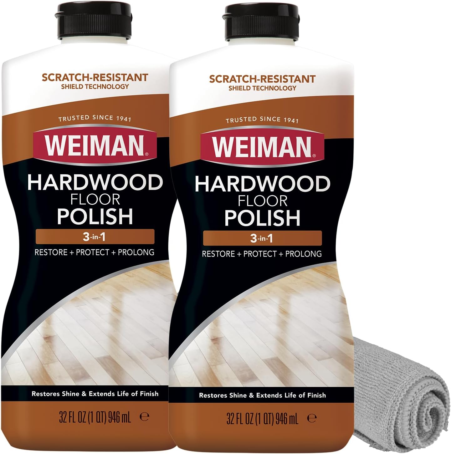 Weiman Wood Floor Polish and Restorer 32 Oz 3PC Bundle - High-Traffic Hardwood Floor, Natural Shine, Removes Scratches, Leaves Protective Layer