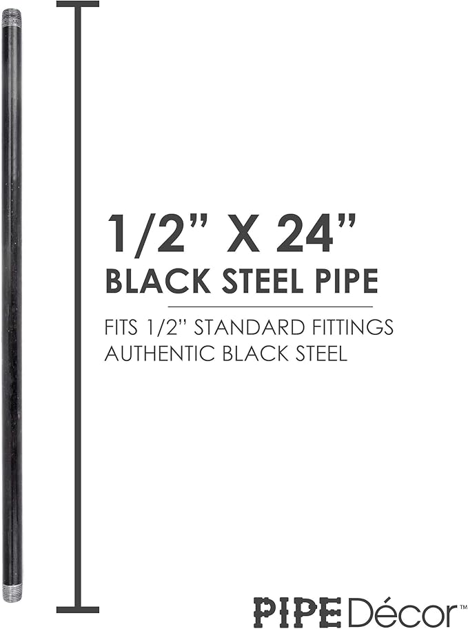 PIPE DÉCOR 1/2” x 24” Malleable Cast Iron Pipe, Pre Cut Connectors, Industrial Steel Grey Fits Standard Half Inch Black Threaded Pipes Nipples and Fittings, Build Vintage DIY Furniture, 6 Pack
