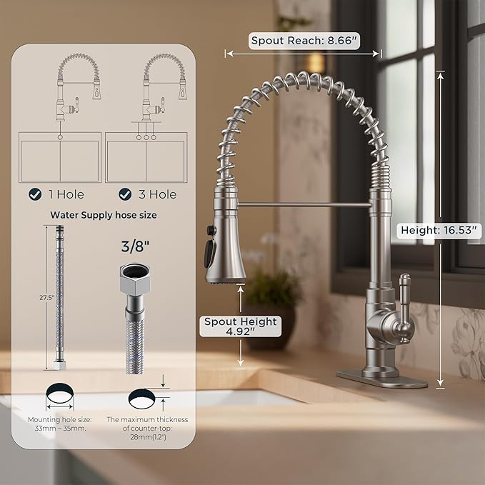 FORIOUS Vintage Kitchen Faucet Pull Down Sprayer Brushed Nickel Stainless Steel, High Arc Single Handle Antique Sink Faucet 1 or 3 Holes for Pot Filler, Farmhouse Camper RV Wet Bar