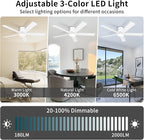 60 Inch White Ceiling Fans with Lights and Remote, LED Low Profile Flush Mount Ceiling Fan for Bedroom, Living Room, Quiet DC Motor, Dimmable 6 Speeds
