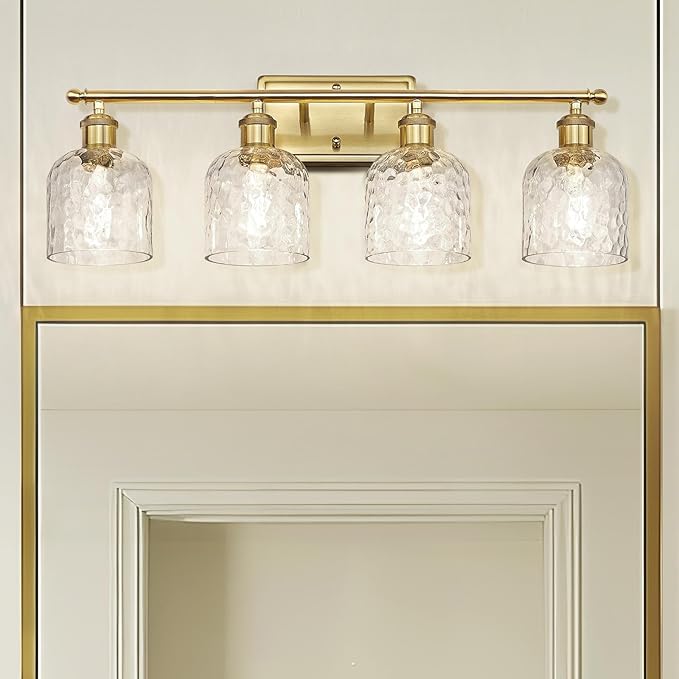zeyu 27'' Modern Vanity Lights Over Mirror, 4-Light Brushed Gold Wall Light for Mirror Bedroom, Brushed Gold Finish with Clear Hammered Glass, ZJF63B-4W BG
